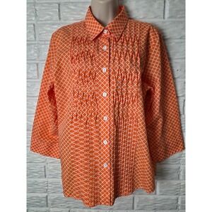Foxcroft Top Womens 16 Orange Button Up Wrinkle Free 3/4 sleeve Shaped Fit
